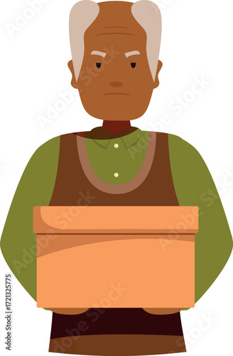 Elderly shopkeeper holding a cardboard box with a serious expression, suggesting themes of retirement, job loss, or small business challenges
