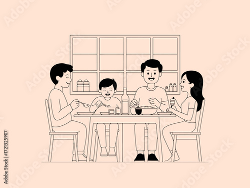 Family dinner together at home table minimalist line art illustration vector