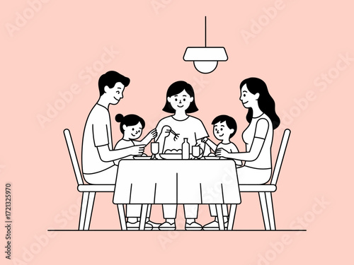 Family dinner together at home table parents kids line art illustration pink background