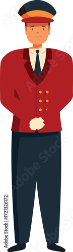 Hotel porter in red uniform and cap standing with hands clasped, offering professional and welcoming service