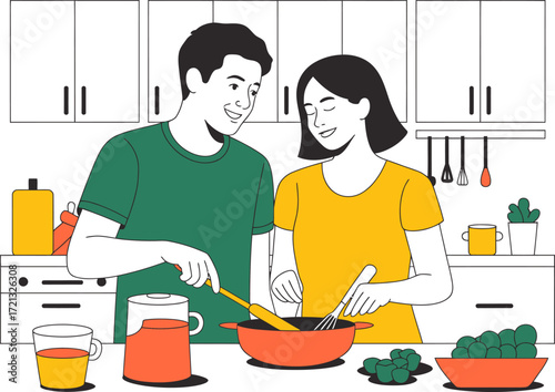 Couple cooking together in kitchen healthy food recipe minimalist line art illustration