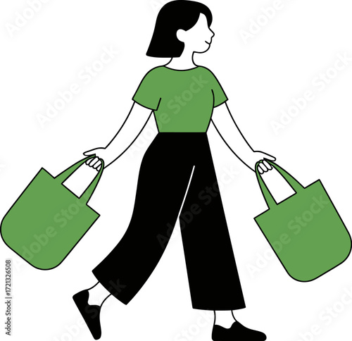 Woman carrying shopping bags Eco friendly lifestyle illustration Minimalist line art Vector graphic