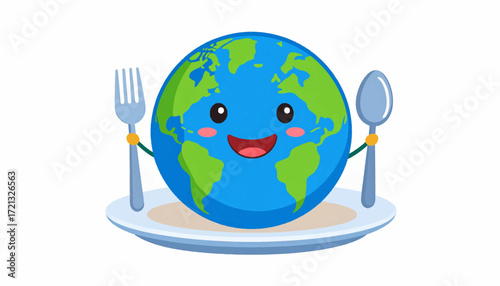 Happy Earth character sitting on a plate with a fork and spoon, concept of the world's food and sustainability