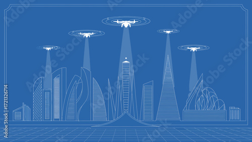 Futuristic city skyline with flying drones delivering packages, modern architecture, innovation, urban development, smart city, blueprint design aesthetic