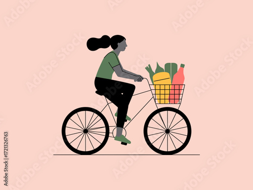 Stylish woman cycling with basket full of fresh groceries, promoting healthy lifestyle and sustainable shopping, originally created as scalable vector art