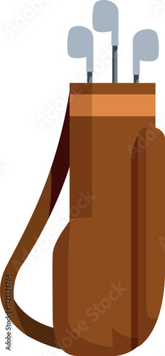 Golf clubs extending from brown golf bag with shoulder strap, ready for a round of golf on the course