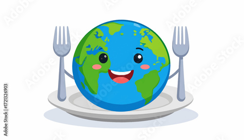 Cartoon Earth on Plate with Forks A Playful Look at Global Sustainability