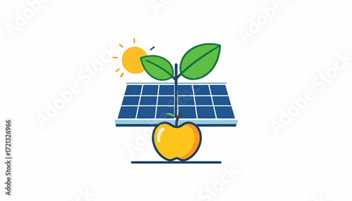 Solar powered apple tree seedling growing in front of a solar panel with sun shining