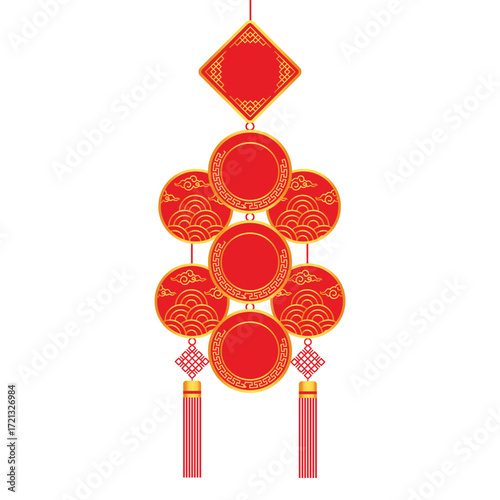 A traditional red and gold Chinese hanging ornament with lucky knots and tassels for the Lunar New Year celebration. vector illustration