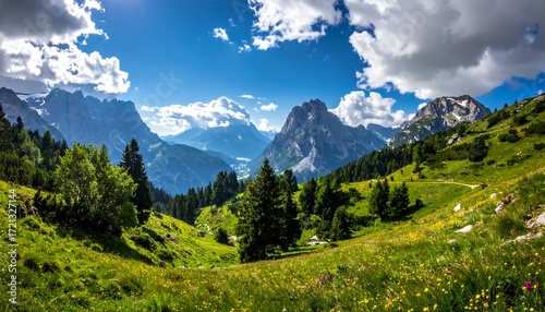 Fototapeta Naklejka Na Ścianę i Meble -  Alpine meadow landscape under a vibrant sky