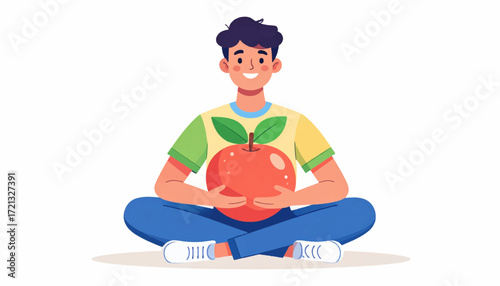 Smiling young man sitting in a meditative pose holding a large fresh red apple, symbolizing a healthy diet and wellness