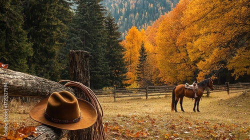 Horse in autumn landscape with cowboy hat