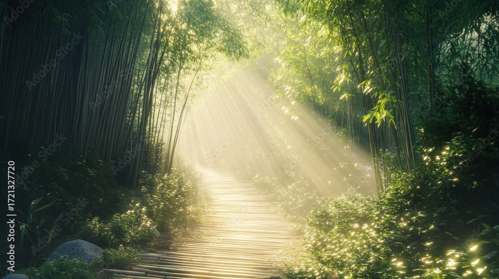 Fototapeta premium Sunbeams illuminating a path through a dense bamboo forest. Lush greenery surrounds a wooden pathway, bathed in golden sunlight