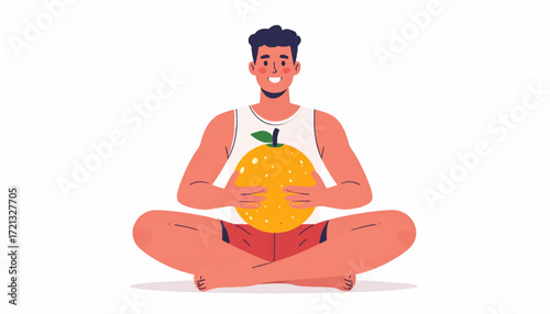Man Sitting Cross-legged Holding a Large Orange in Front of a White Background