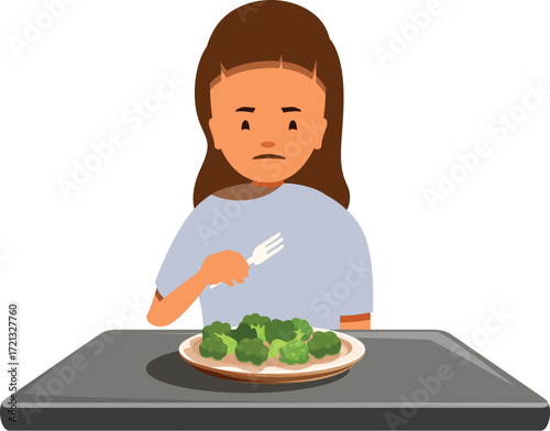 Sad girl reluctantly eating broccoli, demonstrating a dislike for healthy vegetables, representing children's picky eating habits
