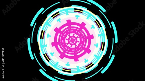Futuristic mechanical gears and glowing rings in pink and blue rotating on a black background.