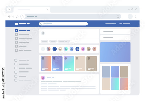 social media user interface platform page displayed on web browser clean and modern vector illustration of simplified timeline profile of social networking and online communities