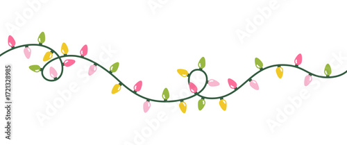 Light string garland flat vector illustration isolated on white. Festive Christmas winter holiday lamp.