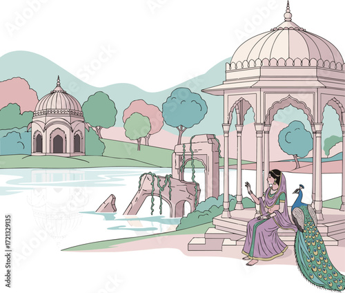 Create a Mughal garden featuring a woman, lake, temple, pavilion, ruins, peacock, and pastel landscape vector art with white background.