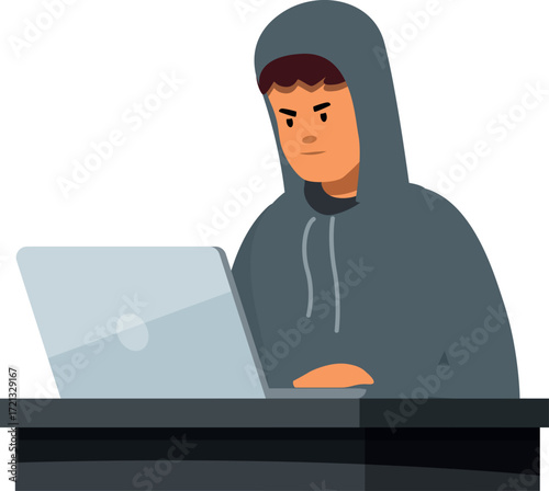 Hacker wearing a hoodie using laptop and programming virus, malware or spyware