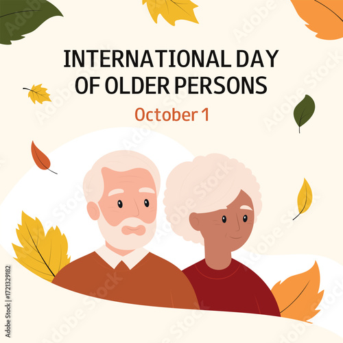 Older interracial couple and autumn background. International Day of Older Persons. October 1. Banner, greeting card, invitation, flyer, advertising. 