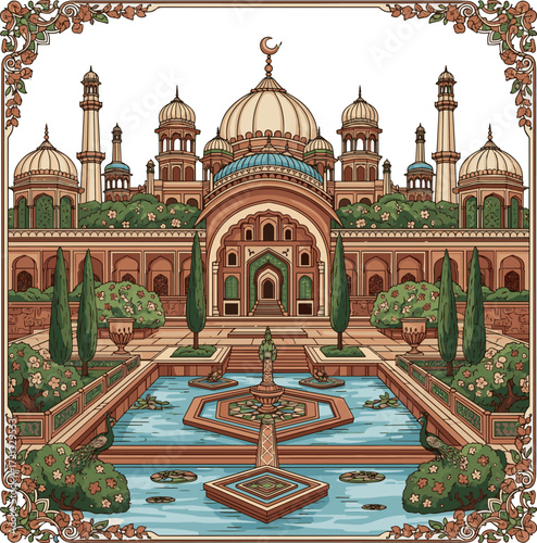 Create a Mughal garden with temple, arch. monkey, plant, tree, lotus, bougainvillea flower seamless pattern vector art with white background.