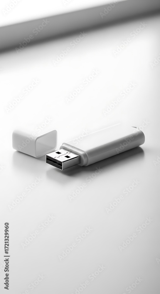 Fototapeta premium A high-angle, close-up view of a modern, white USB flash drive resting on a plain, bright white surface.