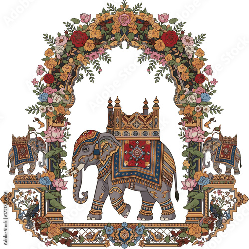 Create a Mughal Rajasthani art style featuring adorned elephants floral archway and decorative border illustration for wedding vector art with white background..