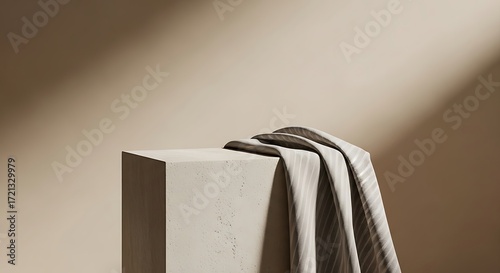 A square stone podium with draped fabric and soft light on a beige background
