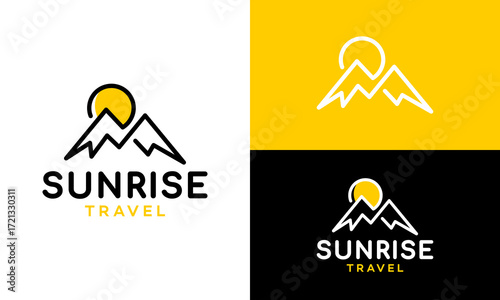 Sunrise logo design. Abstract mountain concept vector design with sun symbol line style model graphic icon