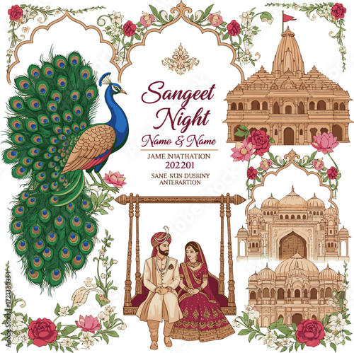 Create a Mughal wedding invitation card design with peacock, royal couple, temple, and Rajasthani palace elements for Sangeet night print vector art with white background..