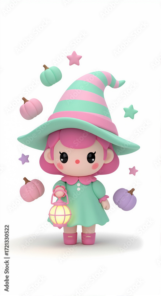 Naklejka premium A cute kawaii witch girl in a pastel Halloween costume holding a glowing lantern. 3D character illustration with pumpkins and stars. Isolated on a white background with copy space.