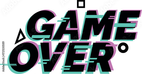 Bold, distorted game over text with glitch effect and turquoise and purple accents conveys a sense of finality and digital disruption