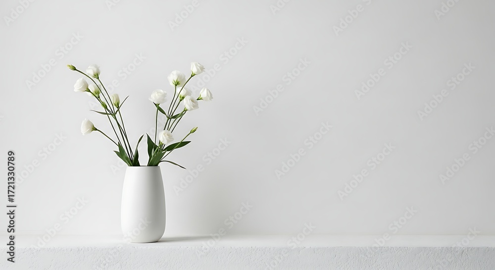 Fototapeta premium A simple white vase holding delicate white flowers with green stems, placed on a textured white surface against a plain white wall