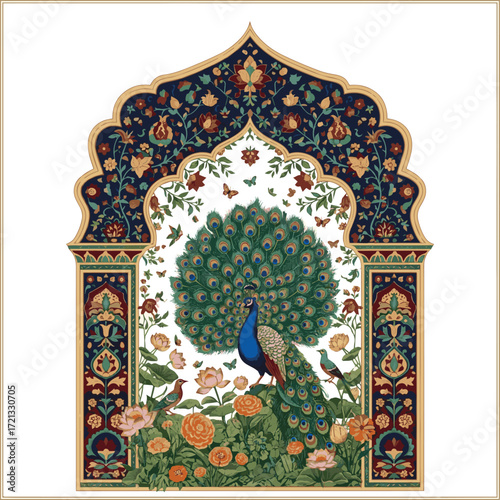 Create a Traditional Indian decorative arch frame with garden and peacock for invitation vector art with white background.