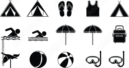 Summer vacation camping beach swimming icons vector graphic set
