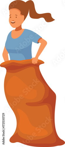 Girl having fun participating in a sack race during a summer camp activity