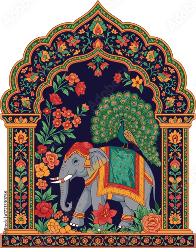 Create a Traditional Indian Jaipur style decorative arch, palace garden themed wedding frame with elephant, peacock, flower vector art with white background.