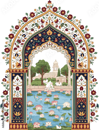 Create a Traditional Mughal decorative arch wedding frame featuring palace garden, lotus flowers, and Pichwai art vector art with white background.