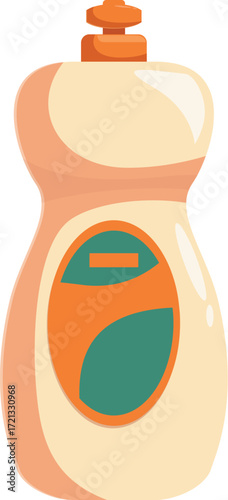 Beige plastic bottle of dishwashing liquid with orange cap and colorful label, isolated on white background