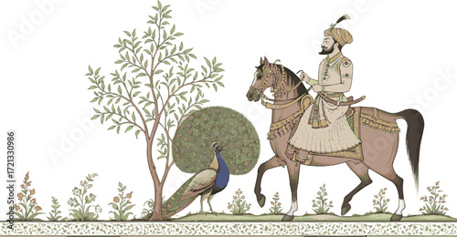 Create a Traditional Mughal emperor riding a horse in a garden with peacock and tree illustration vector art with white background