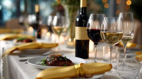 Elegant dinner event with wine and gourmet cuisine cozy restaurant setting captivating ambiance intimate viewpoint