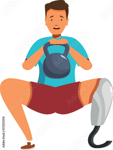 Young sportsman with prosthetic leg lifting kettlebell, demonstrating resilience and strength in adaptive sports