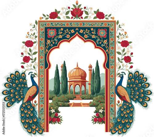 Create a Traditional Mughal garden with arch, temple, peacock illustration frame for Invitation print vector art with white background.