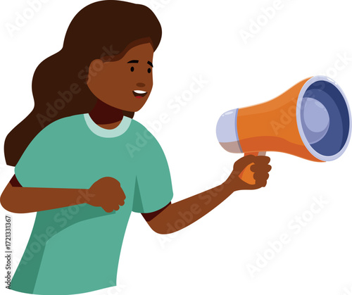 Young african american woman speaking into megaphone making announcement