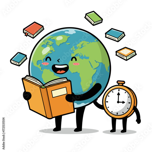 Smiling earth reading book with clock