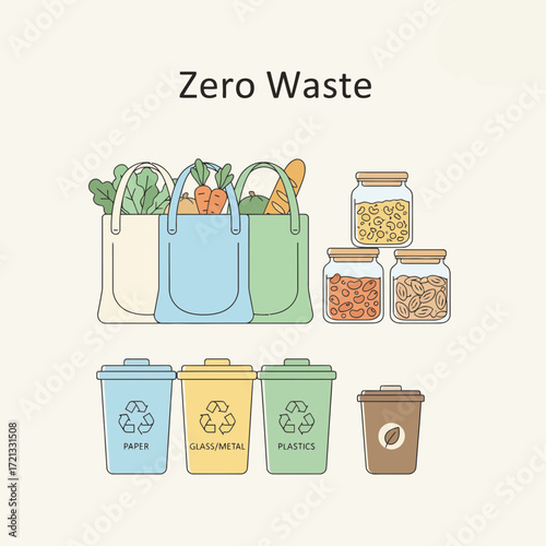 Zero waste concept with reusable bags and recycling bins  