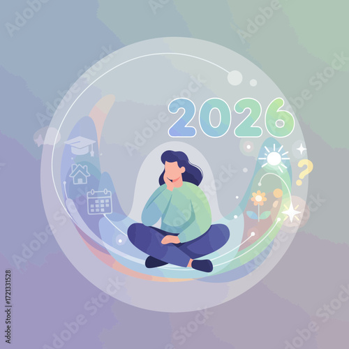 Young woman meditating while contemplating future in abstract bubble  