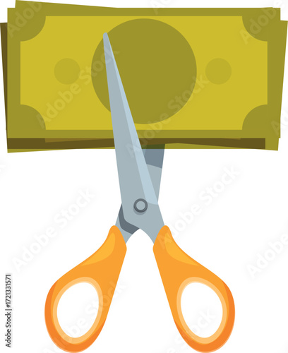 Scissors cutting a stack of paper money, representing cost reduction, budget saving and economic crisis