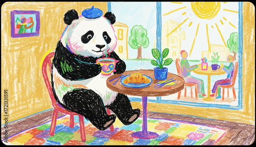 Cartoon panda sitting at table enjoying food and drink indoors  